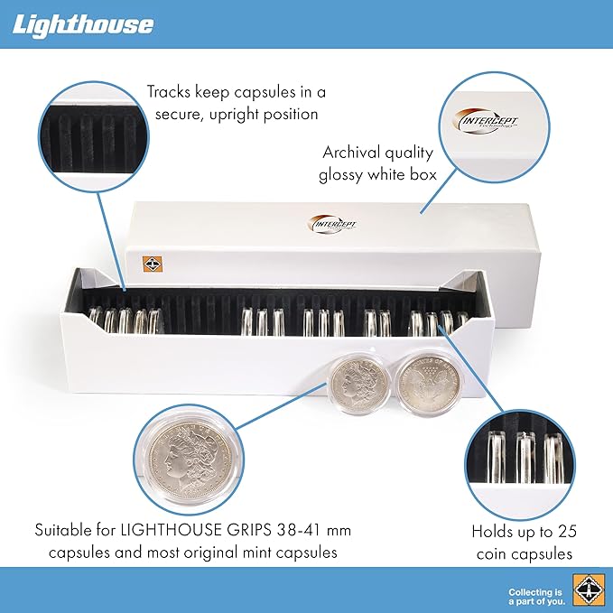 LIGHTHOUSE - Storage Box with Tracks for 25 Round Coin Capsules Grips 38-41 mm with INTERCEPT Technology Corrosion Protection (11 1/2" x 2 3/4" x 2 1/2")