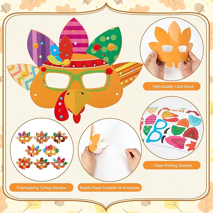 Bafeil 24 Sets Thanksgiving Turkey Masks Craft Kits DIY Turkey Face Mask Paper Art Craft Kit with Diamond Sticker for Fall Harvest Thanksgiving Party Favor Art Project Family Classroom Activity
