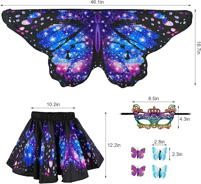 Butterfly Costume for Girls Fairy Wings Kids 4 Pcs(Cape,Skirts,Masks,Hair Clips) Butterfly Wings for Halloween Gifts