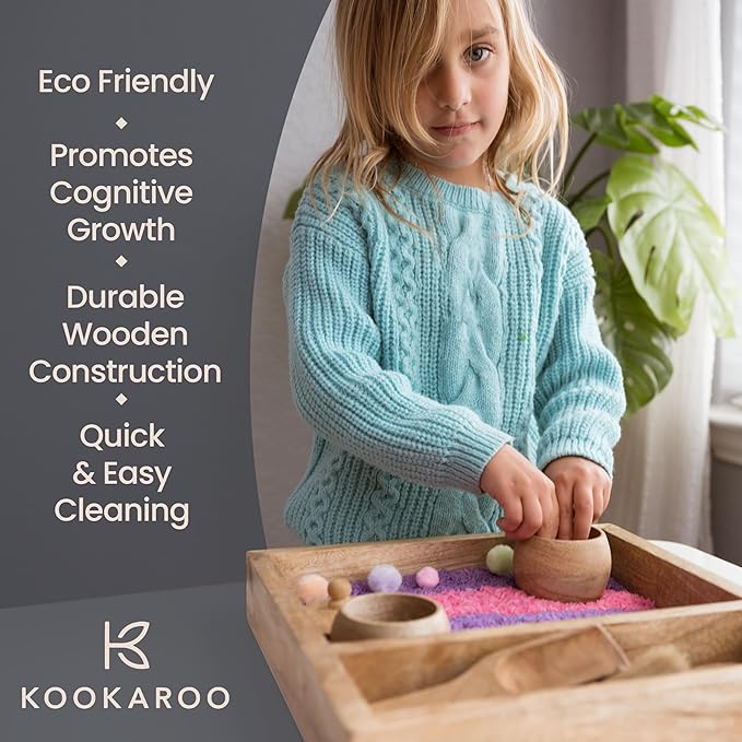 Wooden Sensory Play Bin Set – Montessori Fine Motor & Tactile Exploration Kit with Wooden Tools, Natural Mango Wood