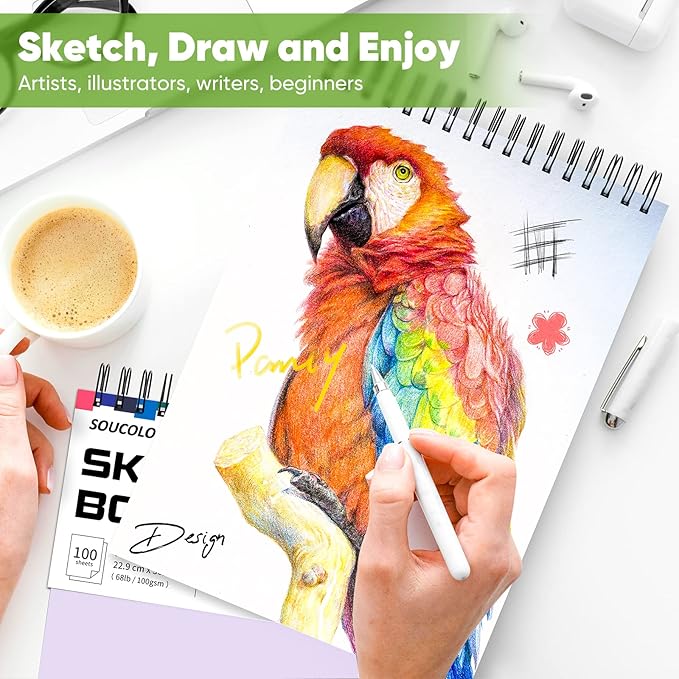 Soucolor 9" x 12" Sketch Book, Christmas Gifts for Women, Birthday Gifts for Women, Thank You Gifts, Stocking Stuffers, 2 Packs 100-Sheets Each (68lb/100gsm) Drawing Pad for Teens Girls