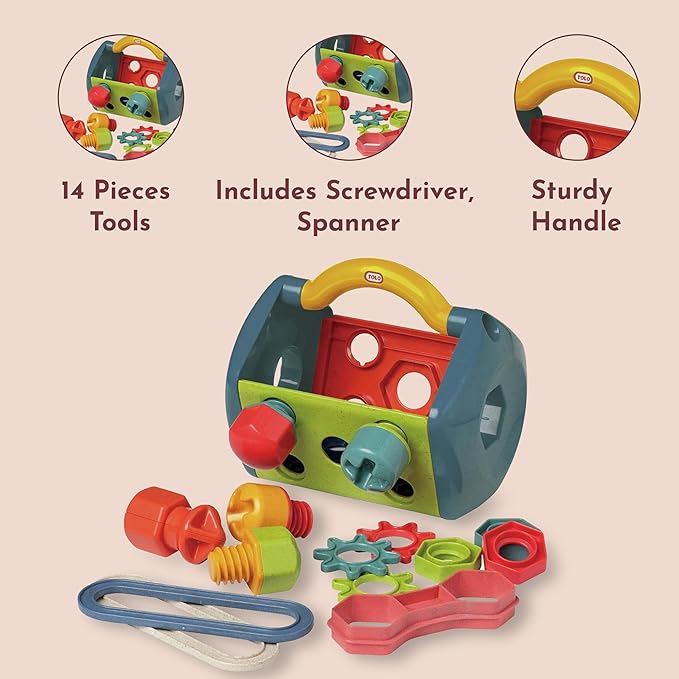 Tolo Bio Tool Box | 14-Piece Kids Engineering Tool Set with Screwdriver, Spanner, Connectors, Screws, Bolts, Nuts & Gears | Educational STEM Toy for Creative Play | Portable with Sturdy Handle