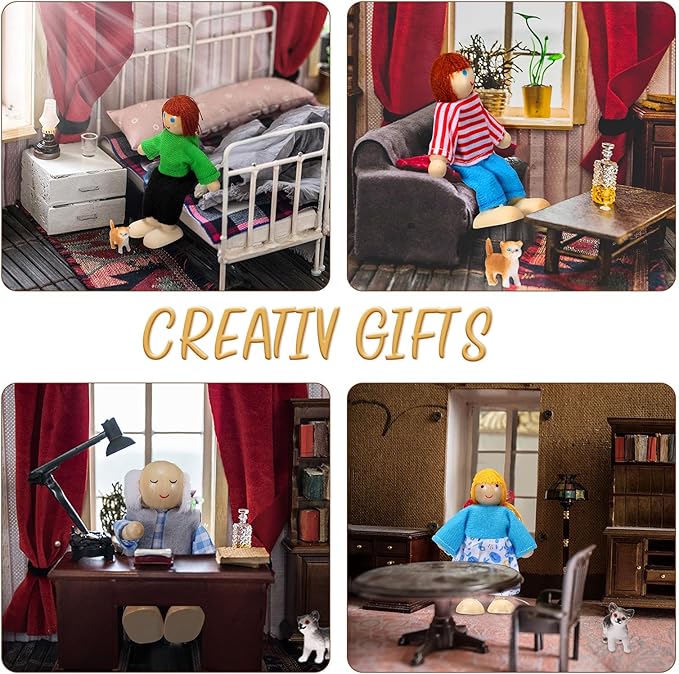 Skylety 10 Pcs Wooden Dollhouse Set of Mini People Figures Dollhouse Dolls Wooden Doll Play Figures Accessories(Pretty Style)