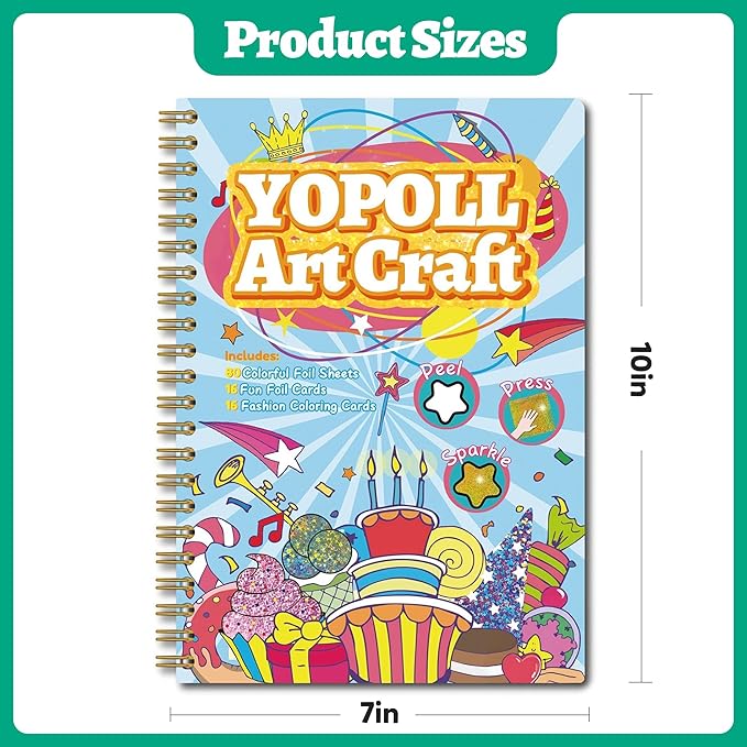 Fun & Mess-Free Foil Art Kit for Kids – 80 Foil Sheets & 32 Art Cards, No Glue Needed, Creative Craft Gift for Christmas Halloween Holiday Birthday（Birthday Version）