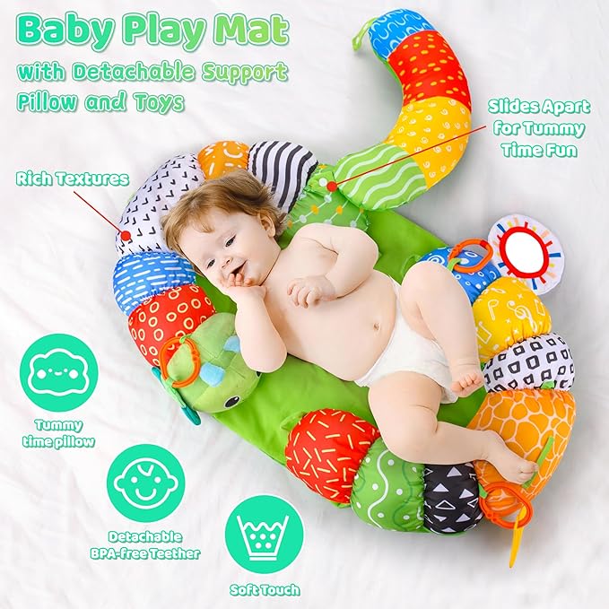 ARANEE 2-in-1 Tummy Time Mat & Seated Support Pillow Baby Toys 6-12 Months, Baby Tummy Time Toys Sit Me Up Floor Seat for Newborns and Older Babies, with Detachable Support Pillow and Toys