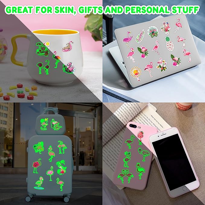96 PCS Funny-Flamingo Glow In The Dark Pre-Cut Temporary Sticker Summer Tropical Hawaiian Luau Birthday Supplies Gifts Girls Boys Baby Showers Prizes Cute School Reward Themed (Luminous)