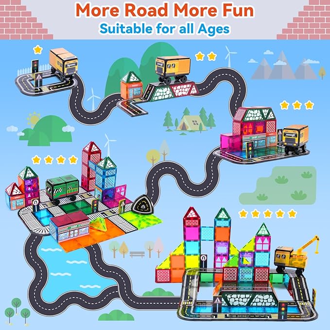 Theefun 70pcs Magnetic Tiles Road Set with Crane & 2 Cars Magnetic Blocks Double Side City STEM Construction Toy Gifts for Kids 3+ Years Old, Include 56 Magnetic Blocks, 13 Magnet Toppers, 1 Bag