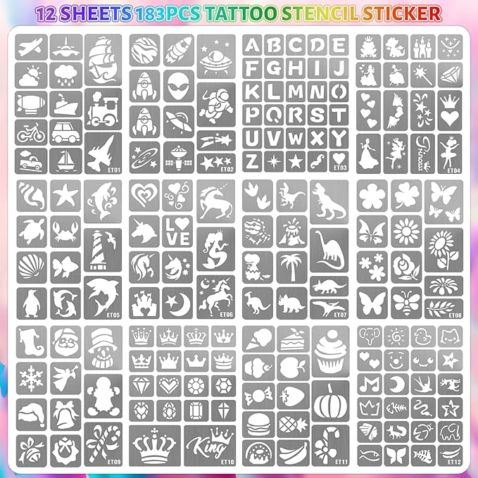 Temporary Tattoo Markers for Skin, 12 Metallic Body Markers + 183 Temporary Tattoo Stencils for Kids Adults, Flexible Brush Tip, Bright Colors, Cosmetic Tattoos Pens for Kids Adults, DIY Body Art Set