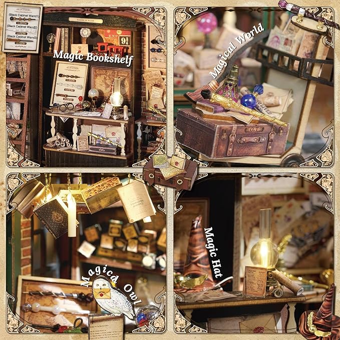 Fsolis DIY Miniature Dollhouse Kit for Adults - Tiny House Mini Bookshelf Scene Kit 3D Wooden Puzzles Gifts for Women Teenagers Craft Lovers (Magic Wand)