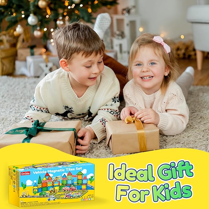 Oriate City Road Set Magnetic Tiles, Rolling Rescue Toy Cars with Construction Building Magnetic Blocks, Educational Road Traffic City Life Magnet Tiles, STEM Toys Gifts for Preschool Kids
