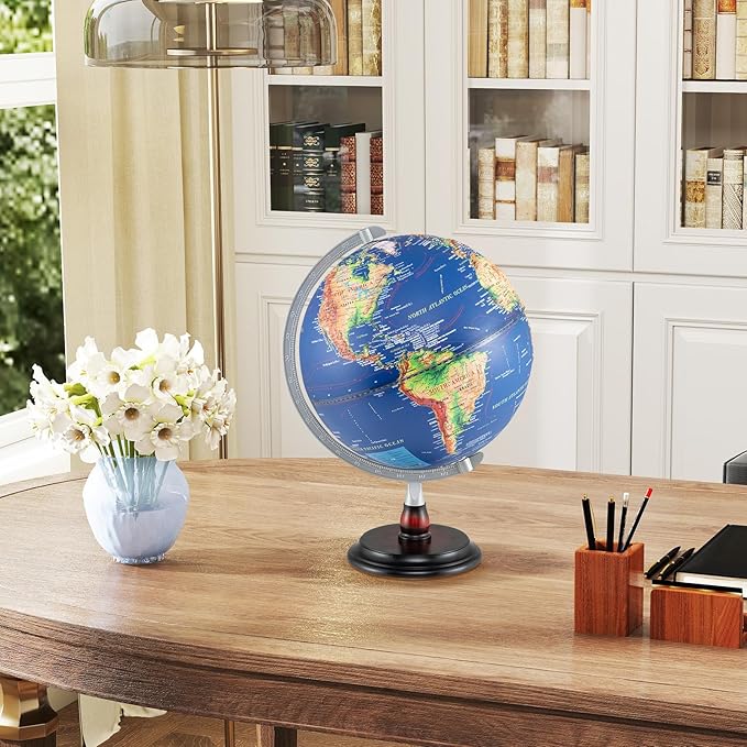 COSTWAY 12” Illuminated World Globe, Geography Educational Globe with Built-in LED Night Light, Wooden Stand, Clear Map for Kids & Adults Learning, Desktop Globes for Students, Decoration (Navy)
