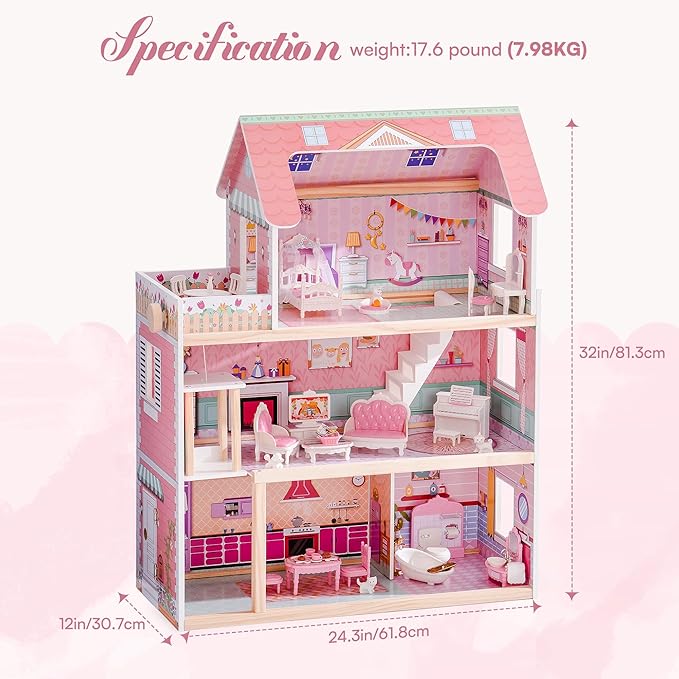 ROBOTIME Wooden Dollhouse, Doll Houses Playset with 24 Pcs Furniture for 4, 5, 6-Inch Dolls, Dollhouse Gift for 3+ Year Old Girls (Pink)