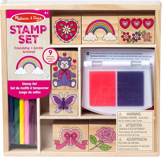 Melissa & Doug Wooden Stamp Set: Friendship - 9 Stamps, 5 Colored Pencils, and 2-Color Stamp Pad - FSC Certified
