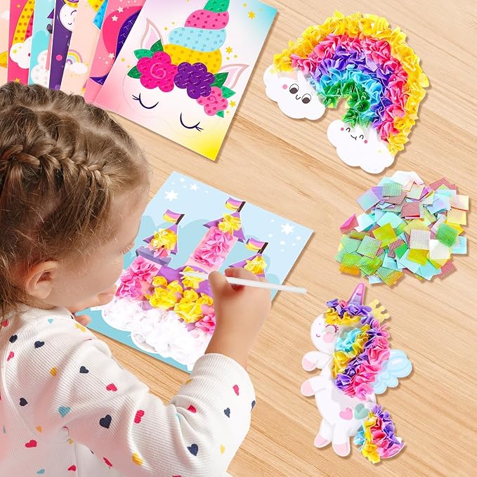 8PCS Poke-in Craft and Art Kit for Kid Unicorn Theme No-Mess Fabric Sewing Art Girls Boys 4-12 Puzzle Puncture Painting DIY Pastel Rainbow Toy Gift for Creative Activity Game Birthday Party