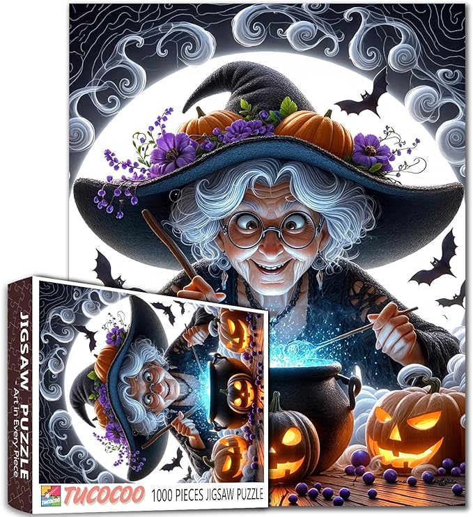 Mystical Grandma Witch Stirring 1000 Piece Jigsaw Puzzle for Adults Students 20×27 Inches Halloween Night Pumpkins Bats Magical Blue Spell Autumn Puzzles for Fall Decor and Gift for Puzzle Lovers
