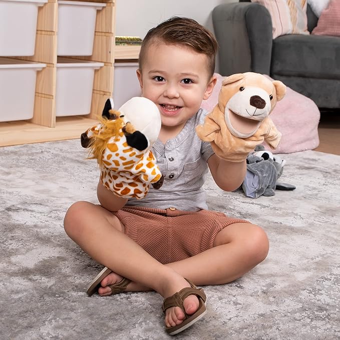 JOYIN 6Pcs Kids Hand Puppet Set with Working Mouth, Toddler Animal Plush Toy Includes Elephant, Giraffe, Lion, Bear, Raccoon and Monkey for Show Theater, Christmas Birthday Gifts for Kid Age 3+