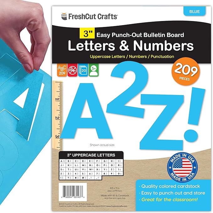 209 Pcs 3" Blue Bulletin Board Letters & Numbers, Capital Letters, Numbers, Punctuation, US Made Card Stock Punch Out Letters for Poster, Bulletin Board, Classroom - Precut Letters & Numbers