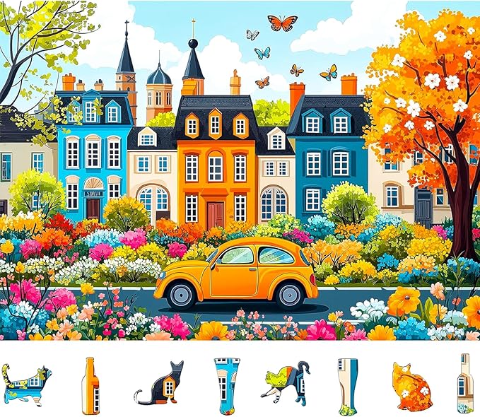 Colorful City Street Jigsaw Puzzles for Adults 500 Pieces Spring Vintage Car and Flower Garden Scene Puzzle Family Challenging Funny Puzzle Perfect for Game Nights(21"x15")