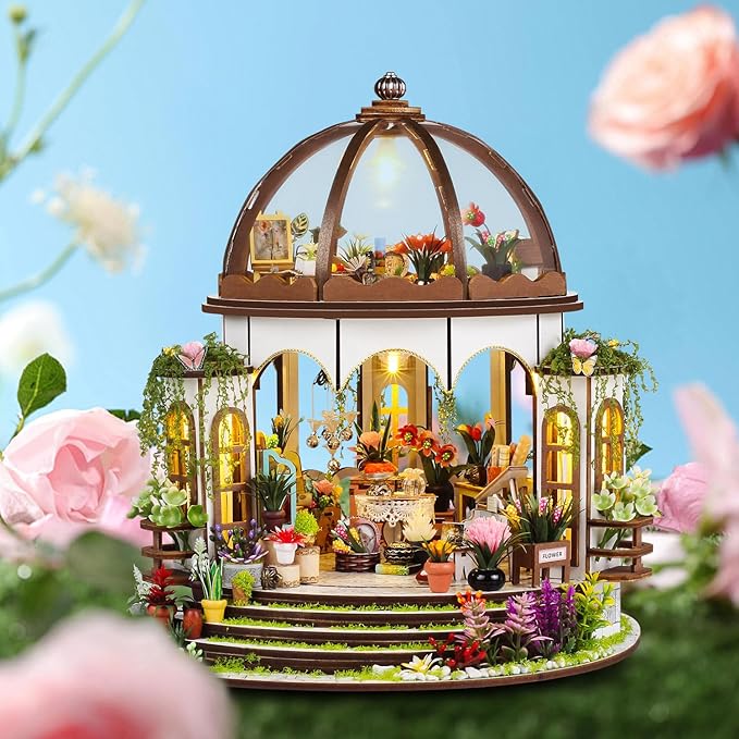 DIY Miniature Garden Dollhouse Kit - 1:24 Scale Wooden Flower Greenhouse Room Craft with Furniture for Book Nook Decor - Present for Women, Girls, and Boy (Round Garden)