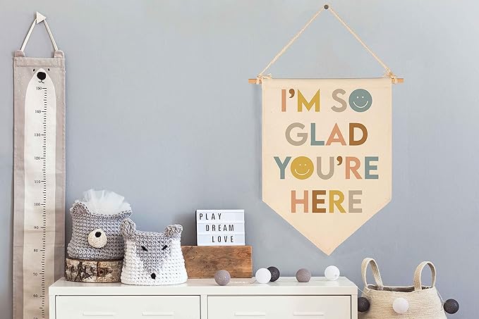 I'm So Glad You're Here-Classroom Decor-Teacher Gifts-Inspirational Classroom Decor-Welcome Poster-Canvas Hanging Pennant Flag Banner Wall Sign-Positive Affirmation Motivational Quote
