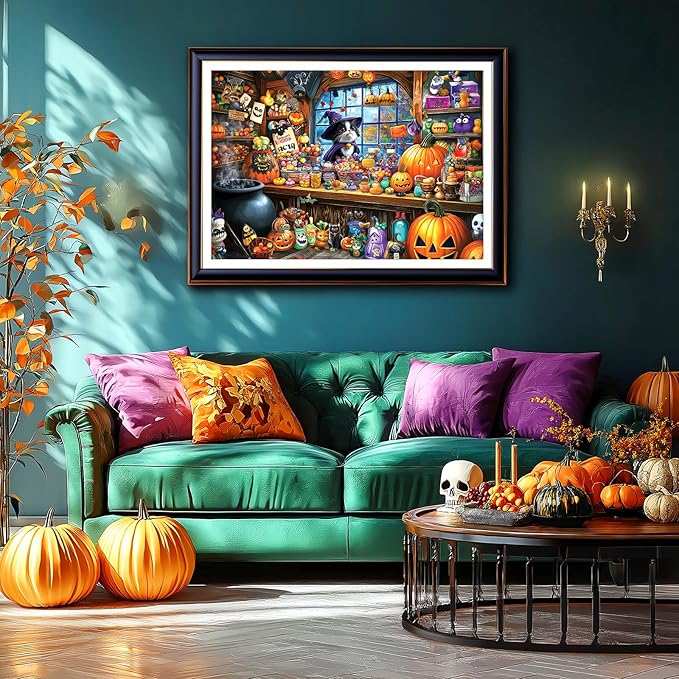 Halloween Witch Cat 1000 Piece Puzzle for Adults Halloween Candy Store Jigsaw Puzzle Spooky Treats Scene Challenging Impossible Puzzle Fun Games for Adults & Family Game Night
