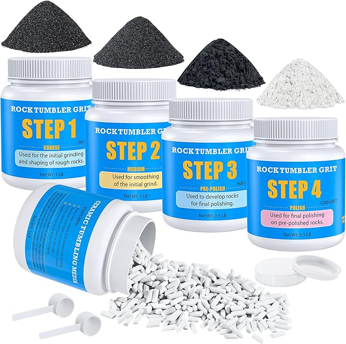 Rock Tumbler Polishing Grits and Ceramic Tumbling Media Kit | Essential for Polishing, 4 Steps Rock Tumbling Refill Media, Polish up to 25 lbs of Rocks, Work with Any Rock Tumblers, For More Tumbles