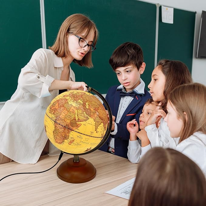 Illuminated Globe of the World with Wooden Stand, 8'' Vintage World Globe Built in LED Night Light for Kids&Adults' Geography Learning, Decor for Home Office Classroom