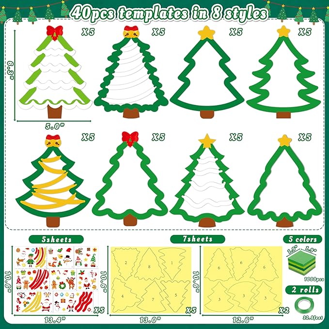 40PCS Christmas Crafts Bulk: Xmas Tree Paper Suncatchers DIY Kit for Winter Holiday Activities Decorations, Window Stained Glass Effect Art Ornaments