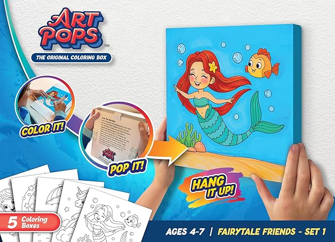 ArtPops Coloring Boxes – Pop-Up Pre-Printed Coloring Box Set – DIY Wall Art Kit for Kids – Eco-Friendly, Easy to Hang, No Frame Needed – 5-Pack, Fairytale Friends