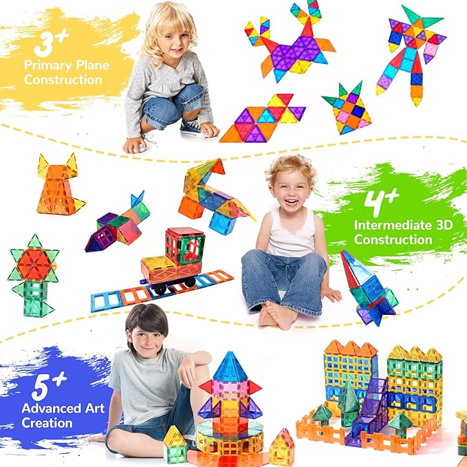 Magnetic Tiles - 104 Pieces Magnetic Blocks for Kids, Magnet Tiles Building Blocks Set with 2 Cars, Construction STEM Toys Gift for Kids Boys 3 4 5 6 7 8 9+ Year Old