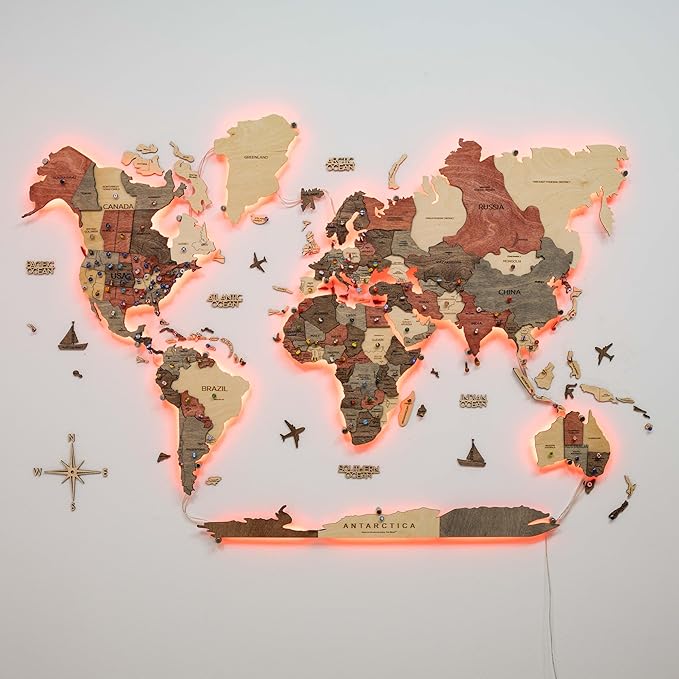 Enjoy The Wood 3D Wood World Map LED 3.0 Wall Art Modern Home Decor Gifts LED Lighting Wall Decor Housewarming Gift (Fusion)