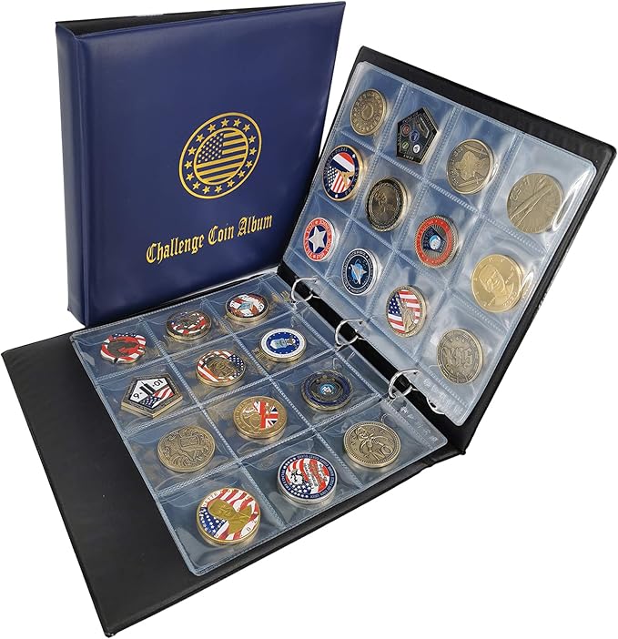 Challenge Coin Album 2.4''x2.4'' Pockets Holds 120 Large Military Coin Medals Display and Storage