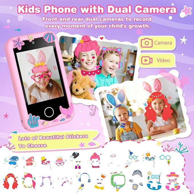 Kids Smart Phone Christmas Birthday Gifts for Boys Age 3-10 Dinosaur Toys Smart Phone 2.8" Touchscreen Built-in 32G SD Card Dual Camera 28 Learning Games Music Player MP3 Music Player