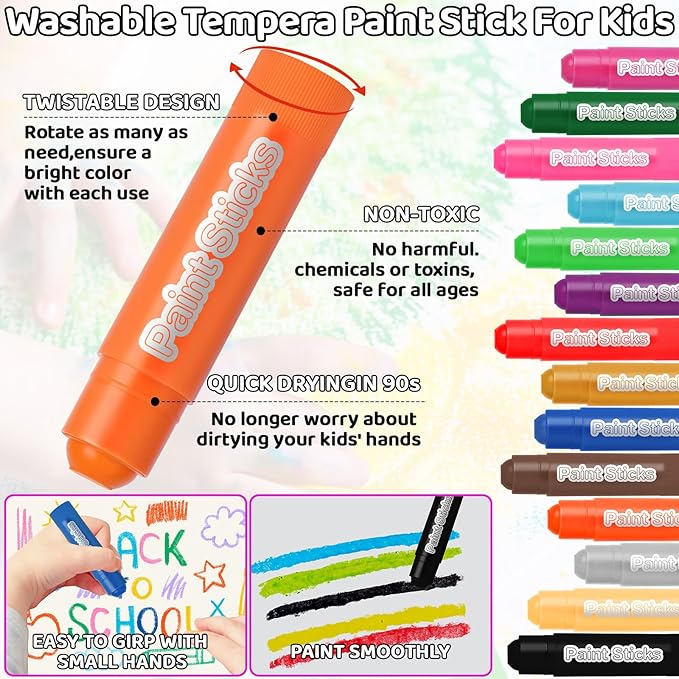 Solid Tempera Paint Sticks 48 Colors, Washable Paint Sticks Bulk, Quick Drying, Non-Toxic, Rainbow Colors Tempera Stick for Kids Toddler, No Mess Art Supplies for Paper Wood Glass Ceramic Canvas