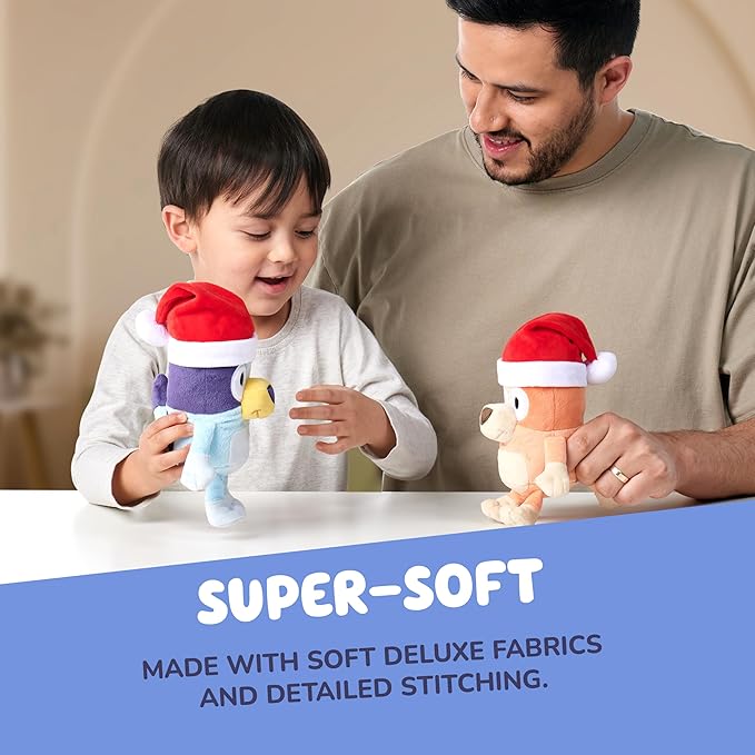 Bluey Toddler Plush Toys Pack of 2, 7-8”, Soft, Festive Holiday Season Plush Figure Toys with Santa Hats, Cuddly Plush Animals for Kids Ages 3+