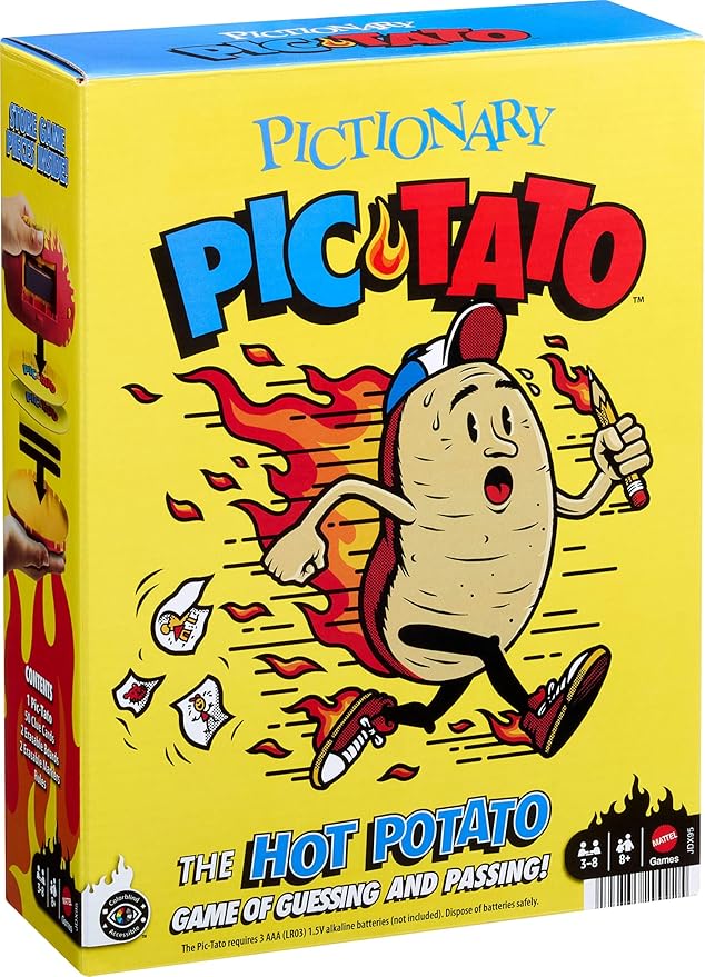 Mattel Games Pictionary Pic-Tato Hot Potato Game, Talks and Plays Music, Family Game for Kids, Adults with Erasable Markers and Boards