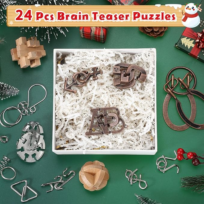 24 Pack Brain Teaser Puzzle Set Wooden and Metal 3D Interlocking IQ Toys for Adults and Teens Educational Games(Educational Style)