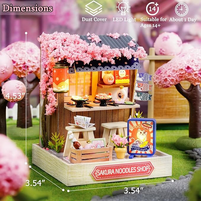 TuKIIE DIY Miniature Dollhouse Kit with Furniture, 1:24 Scale Creative Room Mini Wooden Doll House Plus Dust Proof for Kids Teens Adults(Sakura Noodles Shop)