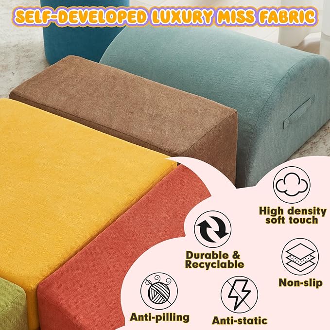 jela Kids Foam Climbing Blocks 6Pcs Soft Play Equipment Miss Fabric, Toddler Climbing Toys Indoor Soft Play Climbing Set, Lightweight Climbing Blocks for Toddlers, Crawling Foam Playset (Colorful)