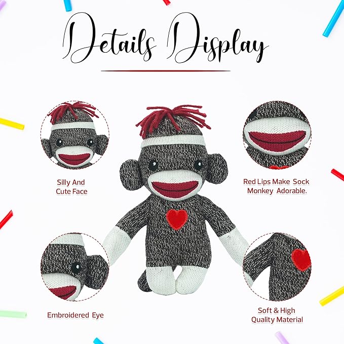 Adorable Sock Monkey 6 Inches, The Original Traditional Hand Knitted Stuffed Animal Toy Gift-for Kids, Babies, Teens, Girls and Boys Baby Doll Present Puppet (Brown)