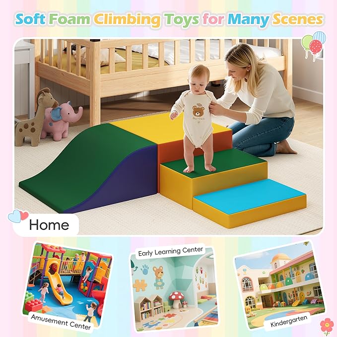 MU Soft Climbing Toys for Toddlers, Soft Foam Climbing Blocks, PU Leather Gym Climb & Crawl Soft Activity Playset, Indoor Climbing Toys Equipment for Kids and Children, Classic Yellow