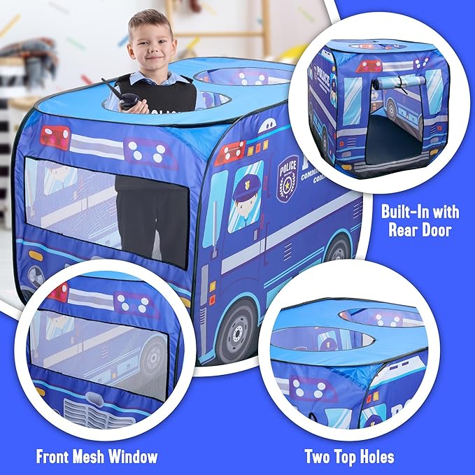 Playbees Police Car Pop Up Play Tent with Sound Button Super Hero Playhouse for Interactive Fun Play Toys & Gifts for Kids Toddlers Boys Girls Pop Up Car Tent Foldable Quick Setup - Indoor & Outdoor