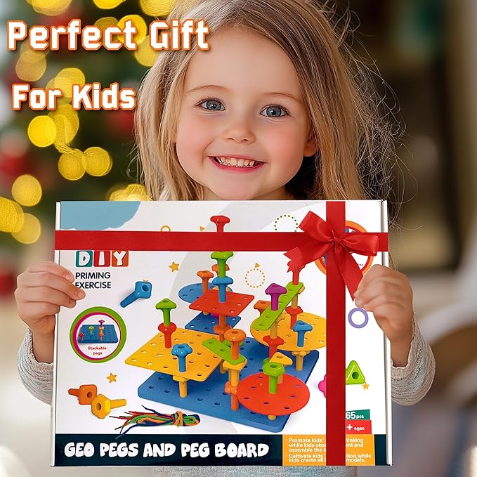 Counting Peg Board for Kids - Toddler Stacking Toys - 65 Pcs DIY Building Set Large Foam Board & Occupational Therapy Toys, Color Sorting & Lacing Toy , Montessori Tools, Peg Puzzles for Toddlers 1-3