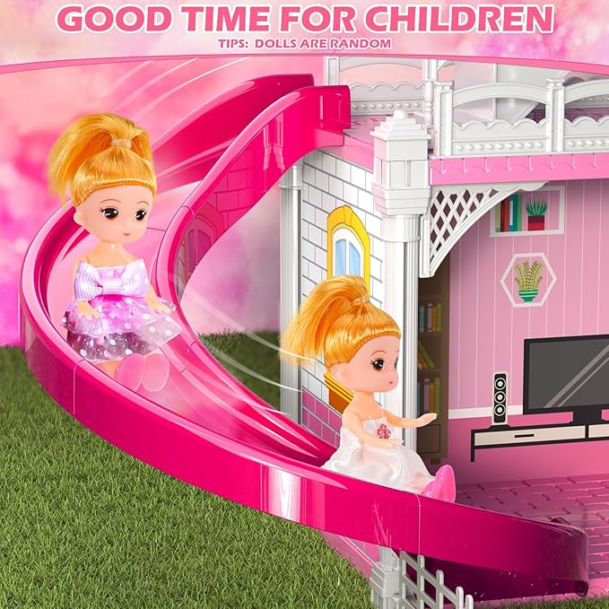 Dollhouses, Dreamhome Furniture Pink Girl Toys, 2 Stories 3 Rooms Dollshouse with 2 Princesses Slide Accessories, Toddler Playhouse Gift for for 3 4 5 6 7 8 9 10 Year Old Girls Toys