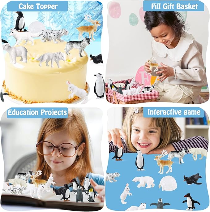 RCOMG Arctic Animals Figures, 14pcs Mini Polar Animal Figurines, Plastic Arctic Animal Toys Set with Arctic Fox Wolf Reindeer Penguins Toys