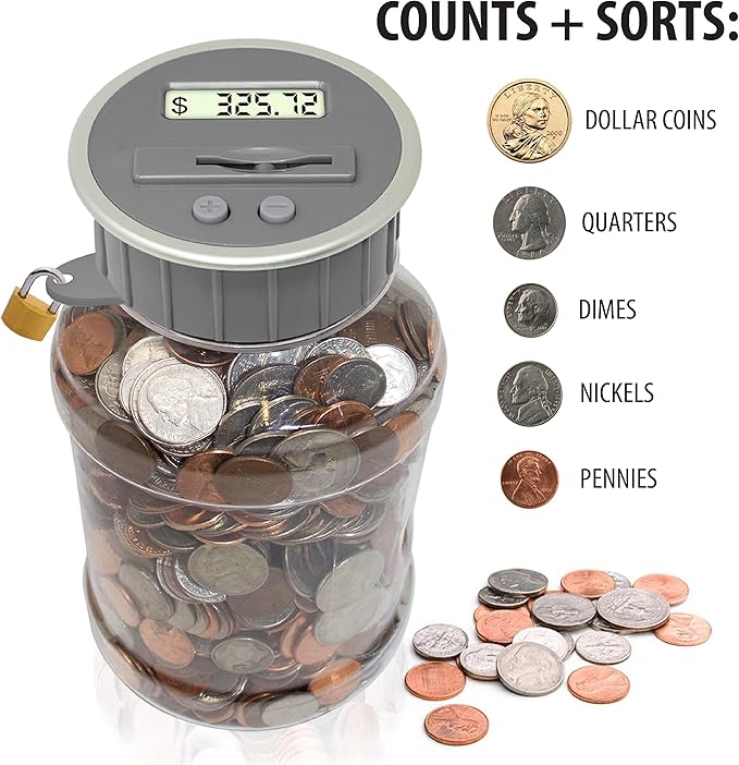 Locking Digital Coin Bank Savings Jar - Pennies Nickles Dimes Quarter Half Dollar Change Counter | Clear Jar with LCD Display