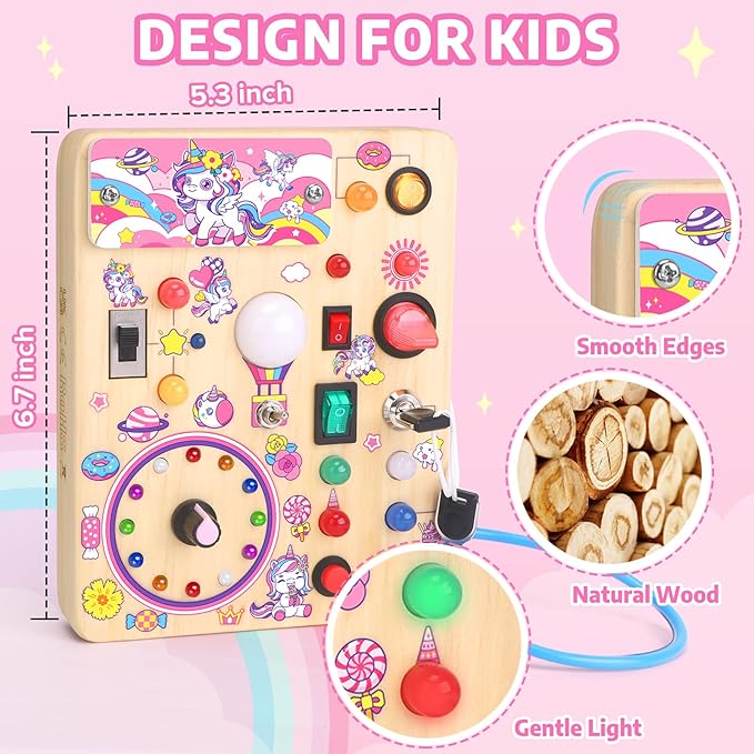 Toddler Busy Board,Montessori Toys for 1-3 Years Old,Baby Sensory Board,Wooden Learning Toys,Christmas & Birthday Gift for Boys & Girls (Unicorn Busy Board v2)