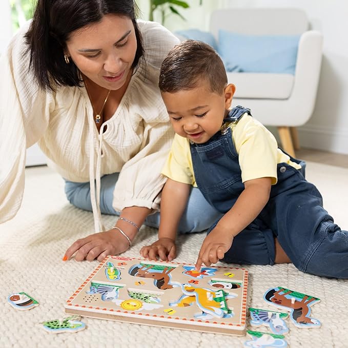 Melissa & Doug Zoo Pet Animals Sound Puzzle – 8-Piece Wooden Peg Puzzle with Light-Activated Sounds, Music Learning Toy for Toddlers and Preschoolers Ages 2+
