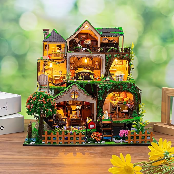 Miniature House Kit, Tiny House Kit with LED, DIY Mini House Building Kits for Adults to Building, Unique Gift for Birthday Christmas, Forest L2501