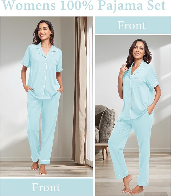 CF Womens 100% Cotton Pajamas Set Button Down Pjs Sets Short Sleeve Top & Long Pants Sleepwear Comfy Loungewear with Pockets